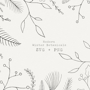 SVG botanique de Noël moderne, hiver ligne Art Clipart, fichier de coupe pour Cricut, éléments de conception de vacances dessinés à la main, usage commercial, téléchargement
