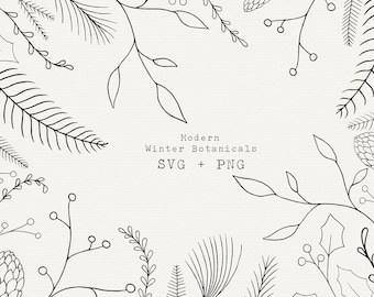 Winterbotanische lijntekeningen: kerst-svg-clipart (digitale download)