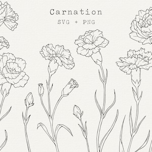 Clavel SVG, Clipart de claveles, Arte lineal de flores, Dibujo de contorno simple, Archivo de corte Cricut, Corte láser, Para bodas, Tatuajes, Uso comercial