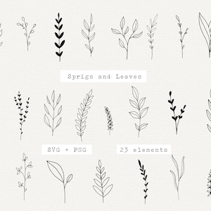 Botanische SVG-bundel, handgetekende takje en blad, Black Leaf Png Svg, handgetekende groen clipart, zeer fijne tekeningen, gesneden bestand of Cricut, voor logo