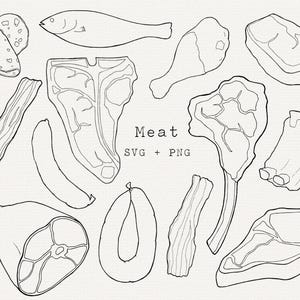 Fleisch SVG, Butcher Clip Art Illustration, BBQ Vektor Linie Kunst, Steak, Rind, Schweinefleisch, Clipart, Cut-Datei, Cricut, Einfache Umrisszeichnung