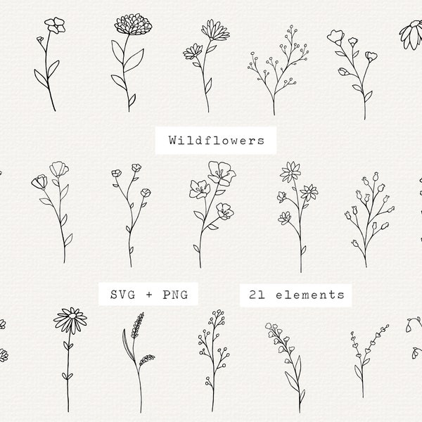 Wildflower SVG, Wildflowers SVG Bundle, SVG file for Cricut, Botanical Elements, Spring Flowers Vector Outline, Line Art for Wedding, Logo