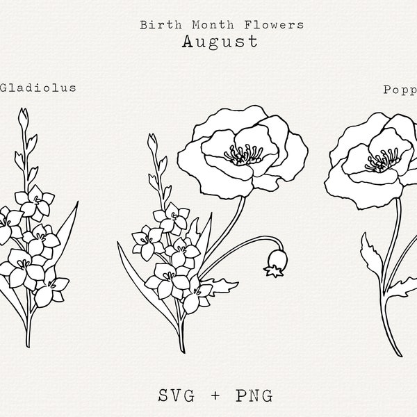 Poppy Flower SVG, Gladiolus Flower SVG, August Birth Month Flowers, Birthday Flowers for August Clipart, Cut File, Floral Line Art, PNG