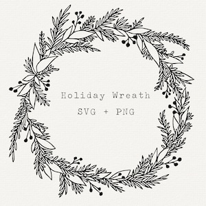 Clipart SVG Couronne de vacances, Couronne botanique d'hiver dessiné à la main, dessin au trait simple pour le scrapbooking de Noël, DIY cartes de voeux, Invitations