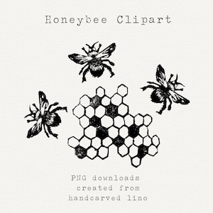 May include: Black and white linocut style clipart of honeybees and a honeycomb. The text "Honeybee Clipart" is at the top of the image. The text "PNG downloads created from handcarved lino" is at the bottom of the image.