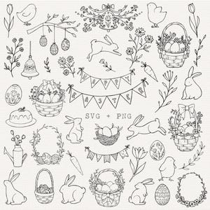 Pode incluir: Ilustrações em preto e branco de elementos temáticos da Páscoa, incluindo coelhos, ovos, cestas, flores e uma faixa que diz "Feliz Páscoa".
