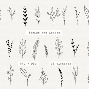 Botanical SVG Bundle, Hand Drawn Sprig and Leaf, Black Leaf Png Svg, Hand Drawn Greenery Clipart, Line Art, Cut File or Cricut, for Logo