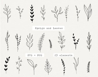 Botanical SVG Bundle, Hand Drawn Sprig and Leaf, Black Leaf Png Svg, Hand Drawn Greenery Clipart, Line Art, Cut File or Cricut, for Logo