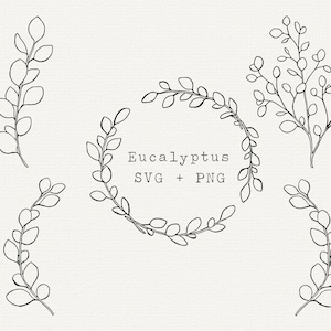 Eucalyptus SVG, Eucalyptus Line Art, Hand Drawn Eucalyptus Wreath, Cut File for Cricut, Greenery for Logo, Simple Outline Black and White