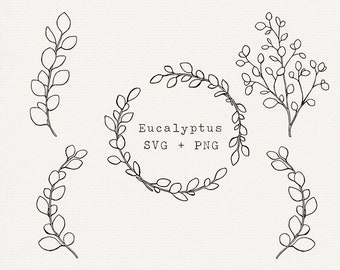 Eucalyptus SVG, Eucalyptus Line Art, Hand Drawn Eucalyptus Wreath, Cut File for Cricut, Greenery for Logo, Simple Outline Black and White