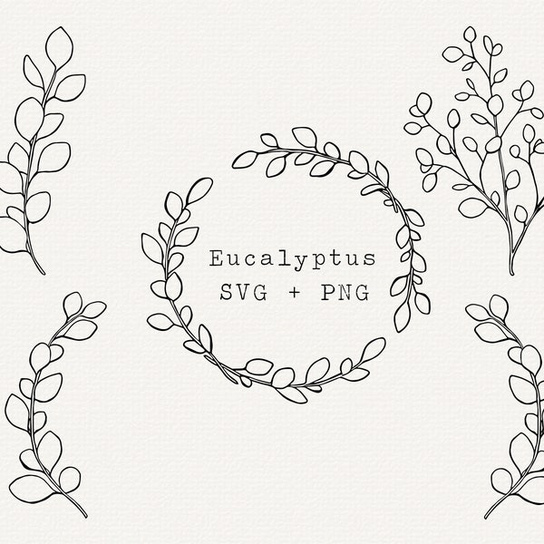 Eucalyptus SVG, Eucalyptus Line Art, Hand Drawn Eucalyptus Wreath, Cut File for Cricut, Greenery for Logo, Simple Outline Black and White