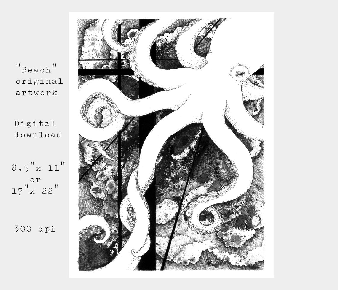 Octopus Love Printable Digital Download Octopus Art Black and | Etsy