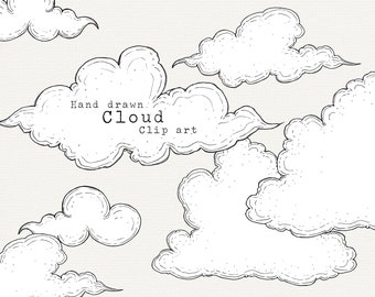 Cloud Clip Art, Hand Drawn Clouds Clipart, Cloud Illustration PNG, Black and White Cloud Line Art, For Commercial Use, Cute Cloud Graphics