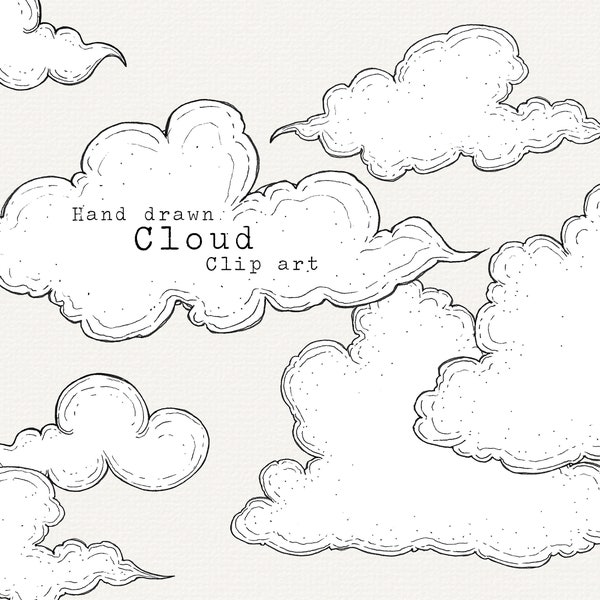 Cloud Clip Art, Hand Drawn Clouds Clipart, Cloud Illustration PNG, Black and White Cloud Line Art, For Commercial Use, Cute Cloud Graphics