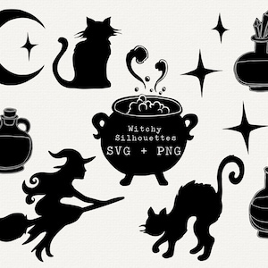 Lot de sorcières SVG, silhouette de sorcière, pour pochoir, fichier de coupe Cricut, décorations d'Halloween, clipart magique, sorcière, chaudron, chat noir, potion