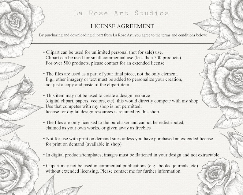 Pu&ograve; includere: Un'immagine in bianco e nero di una rosa con un testo sovrapposto che delinea i termini e le condizioni per l'utilizzo di clipart digitali. Il testo include informazioni sull'uso personale e commerciale, la ridistribuzione e le licenze estese.