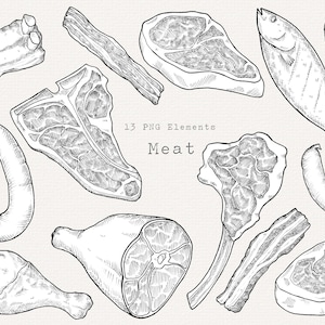 Fleisch PNG Clip Art, handgezeichnete Illustrationen, Butcher, BBQ, Rind-, Schweine-, Steak, Wurst, Speck, Line Art Skizze, Clipart für kommerzielle Nutzung