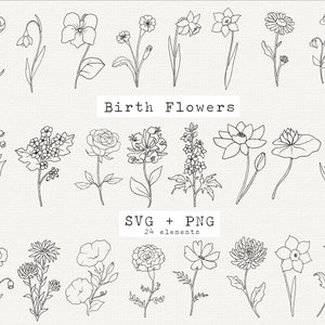 Birth Month Flower SVG Bundle, Birthday Flower, Flower Clipart, Floral Svg Bundle, Botanical Clipart PNG, Hand Drawn, Cut File for Cricut