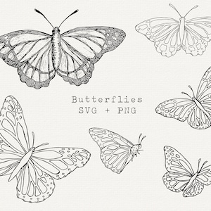 Papillon SVG, illustration vectorielle de papillons, lot de cliparts papillon monarque, noir et blanc, contour simple, dessin au trait pour Cricut