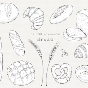 Pane PNG Clip Art, Illustrazione di panetteria disegnata a mano, Croissant, Baguette, Bagel, Pretzel, Pagnotta, Clipart di arte lineare, per uso commerciale