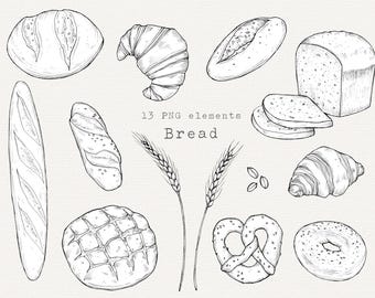 May include: A collection of 13 hand-drawn illustrations of various bread types, including a baguette, croissant, pretzel, and loaf of bread. The illustrations are in black and white and have a vintage style.
