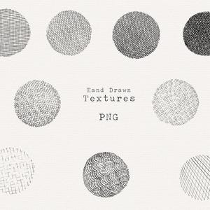 May include: Nine black and white hand-drawn textures in the shape of circles. The text "Hand Drawn Textures PNG" is in the centre of the image.