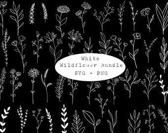 May include: A set of 40 white outline illustrations of wildflowers and foliage. The illustrations are simple and delicate, perfect for adding a touch of nature to your designs. The text "White Wildflower Bundle SVG + PNG" is included in the image.