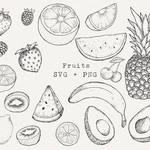 Frutas SVG, clipart de frutas de verão, banana, abacaxi, kiwi, abacate, cerejas, clipart de alimentos, vetor desenhado à mão, arquivo de corte para Cricut, para logotipo