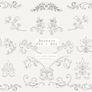 Pacote SVG barroco, SVG florido, elementos decorativos, arquivo de corte para Cricut, designs decorativos, bordas extravagantes, contorno preto e branco