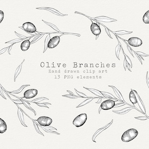 Clip art rameau d'olivier, dessin au trait olives, olives dessinées à la main, clipart olive, clipart cuisine, olives noir et blanc, pour un usage commercial, nourriture