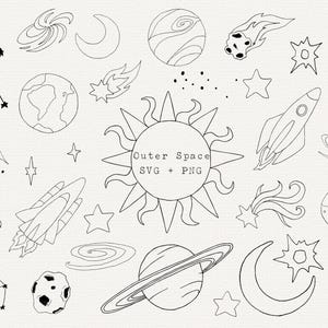 Outer Space SVG, Space Clipart, Celestial SVG, Simple Black Outline, File for Cricut, Laser Engraving, Silhouette, Planets, Rocket Ship