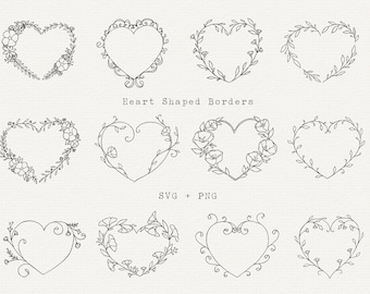 May include: Set of ten hand-drawn heart shaped borders with floral and vine designs.  The borders are black and white and are perfect for adding a romantic touch to your designs.