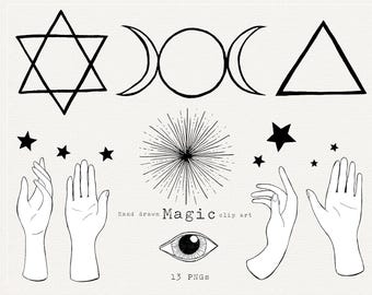 Magic Clip Art Set, Hand Drawn Witchcraft Symbols, Celestial PNG Graphics (Digital Download)