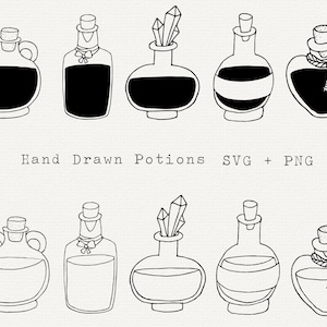 Potion SVG, Witchy Clipart, Halloween Line Art PNG, Cut File for Circut, Hand Drawn Magic Potions, Bottles, Black and White, Magic, Esoteric