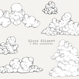 May include: Six black and white illustrations of clouds, drawn in a simple, hand-drawn style.  Cloud Clipart 6 PNG elements.