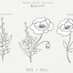 SVG fiore di papavero, SVG fiore di gladiolo, fiori del mese di nascita di agosto, fiori di compleanno per agosto Clipart, file di taglio, arte floreale al tratto, PNG