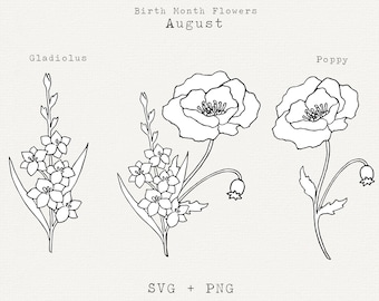 Bloemenprint augustus geboortemaand, botanische kunst klaproos en gladiolen (digitale download SVG, PNG)