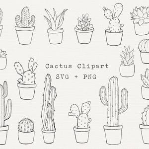 Bundle SVG cactus, cactus et plantes succulentes Clipart, plantes d'intérieur, contour de cactus en pot, dessin au trait pour Cricut, découpe, Silhouette, clipart été