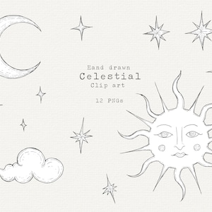 Clip Art Celestial, Sol, Luas, Estrelas PNG para Uso Comercial, Clipart Celestial Desenhado à Mão, Arte de Linha Fina, Clip Art Mágico Preto e Branco