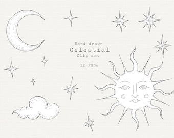 Hand Drawn Celestial Clip Art, Sun, Moon, Stars PNG (Commercial Use)