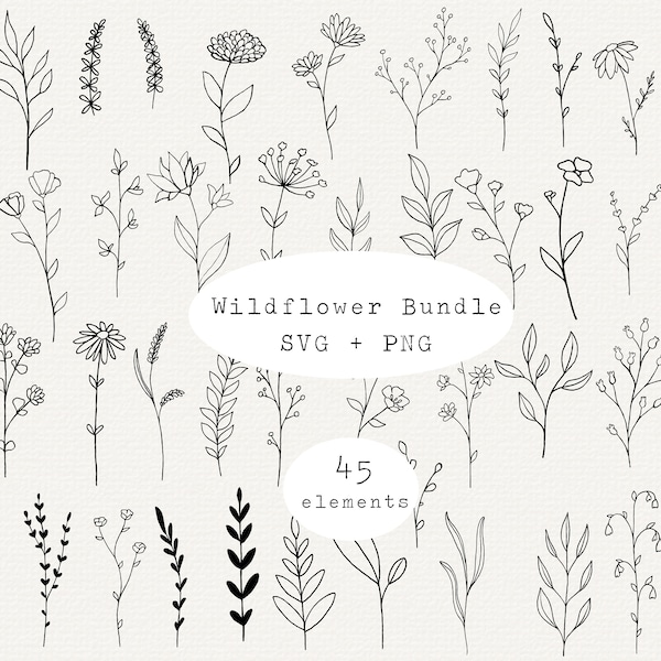 Wildflower SVG Bundle, Botanical Elements, Floral Line Art Vector, Flower Svg, Floral Svg, Flowers And Leaf Clipart, Svg Files For Cricut