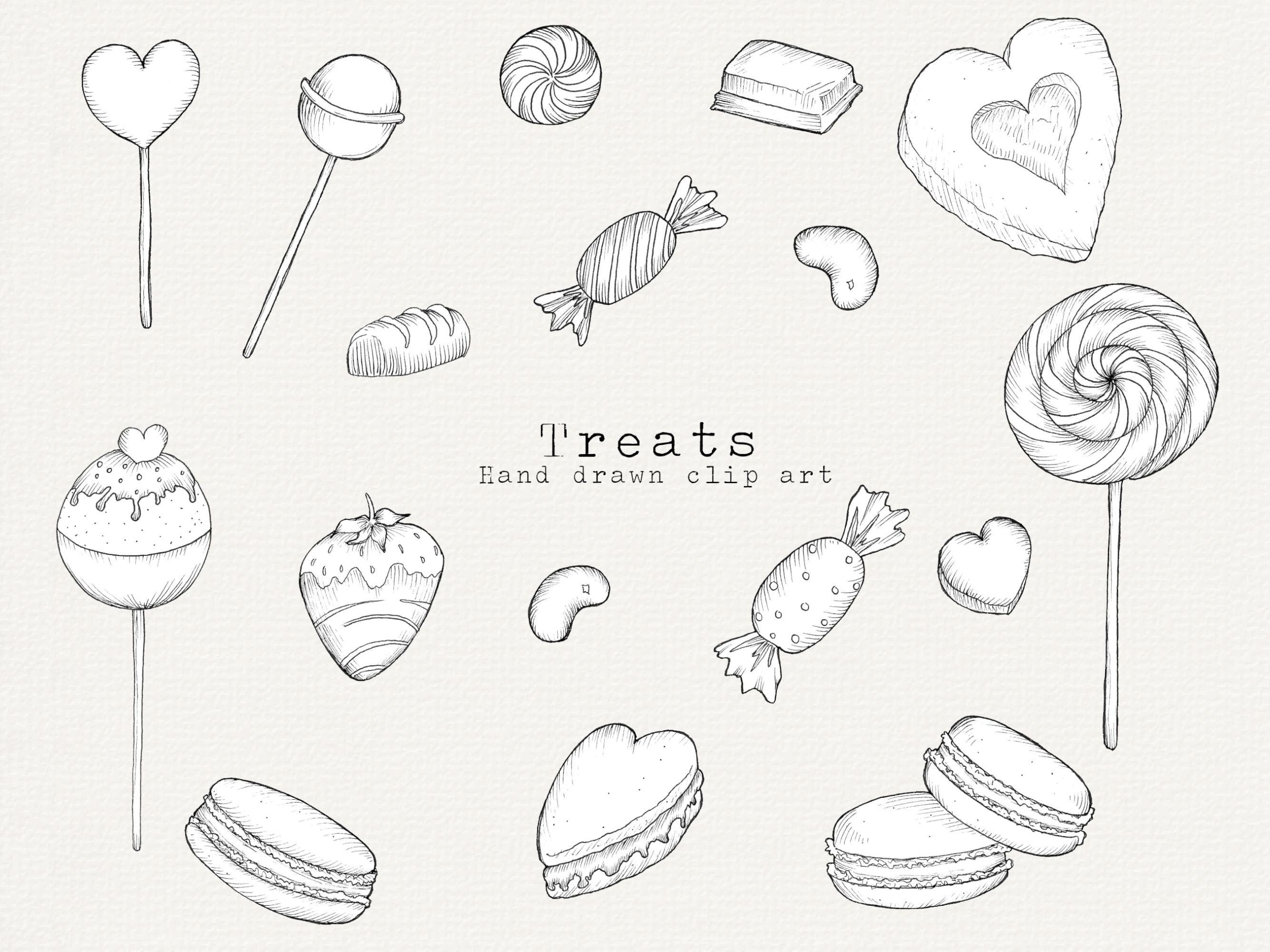 Valentines Day Clip Art, Valentines Sweets Clipart, Cookies, Candy, Treats PNG, Black and White Valentines Line Art for Commercial Use, Vday