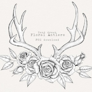 Boho Blumen Geweih Clipart, Geweih und Blumen PNG für Hochzeitseinladung, Rustikale Hirsch Clipart Line Art, DIY einladen, Boho Woodland