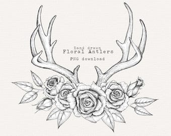 Boho Floral Antlers Clipart, Rustic Wedding Invitation (PNG)