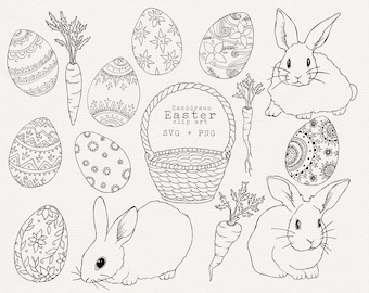 Handgezeichnet Ostern Clip Art, Osterhase, Eier, Korb, Karotten, Frühling Vektorgraphiken