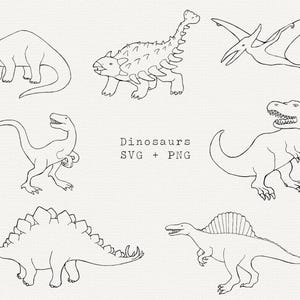 Pacote SVG de dinossauro, clipart vetorial de dinossauro, página para colorir de dinossauro, arquivo de corte de dinossauro para Cricut, T-Rex, arte de linha, contorno simples, PNG