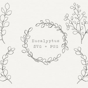 Eucalyptus SVG, eucalyptus zeer fijne tekeningen, handgetekende eucalyptuskrans, gesneden bestand voor Cricut, groen voor logo, eenvoudige omtrek zwart-wit