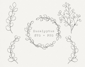 Disegno di linee di eucalipto SVG, bordo verde disegnato a mano per carta da parati da matrimonio (PNG + SVG)
