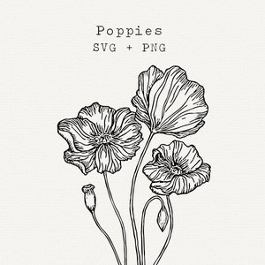 Poppy SVG, Poppies Vector, Floral Line Art Clipart, Botanical Illustration, Fine Line Art for Wedding Invitation, Outline, Cut File, Cricut