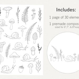 Op de afbeelding: Zwart-wit illustraties van paddenstoelen, slakken, bladeren en varens. De afbeelding bevat de tekst "Includes: 1 pagina met 30 elementen, 1 kant-en-klare compositie voor 6", 7" en 8" hoepel."